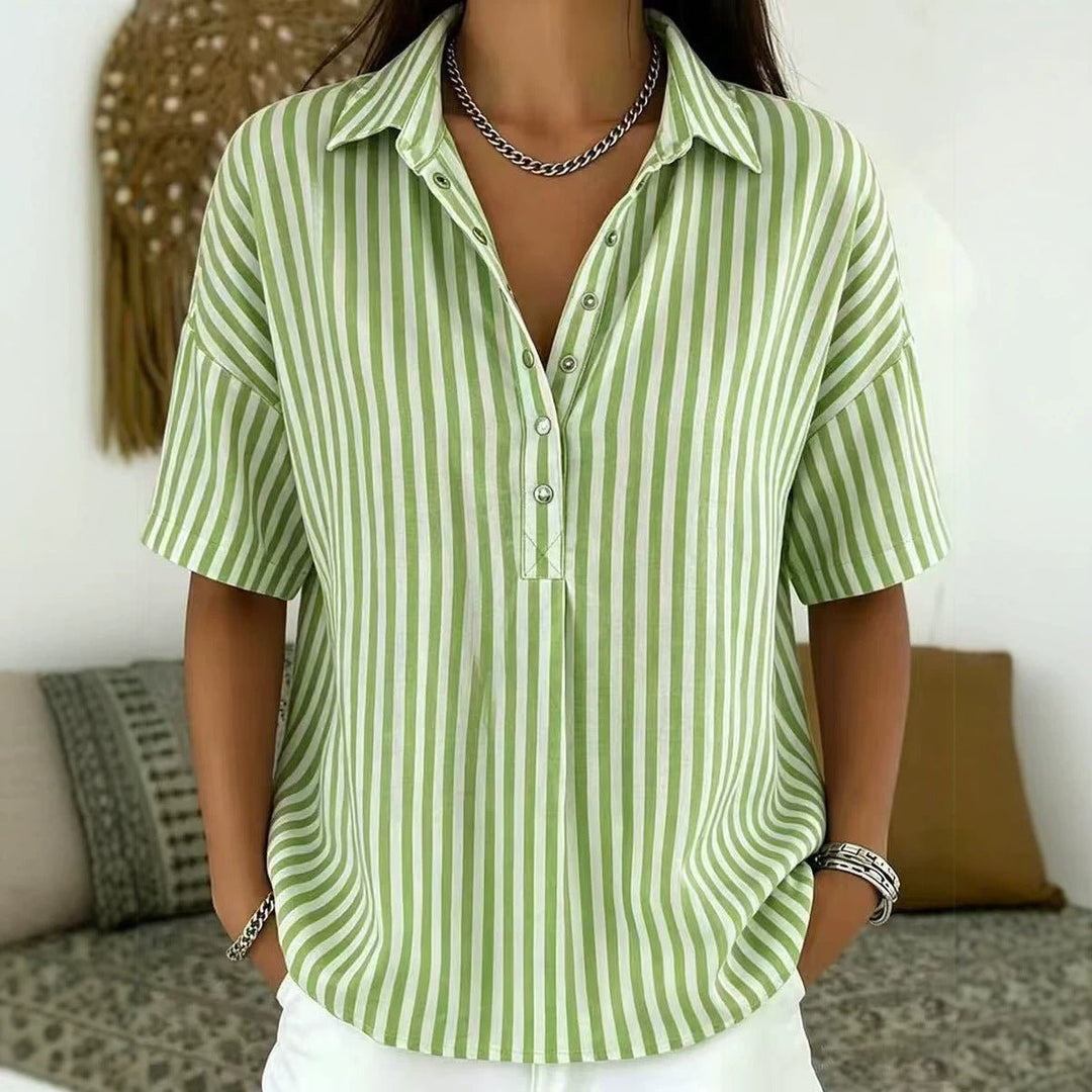 Solène | Women's Striped Collared Short Sleeve Blouse