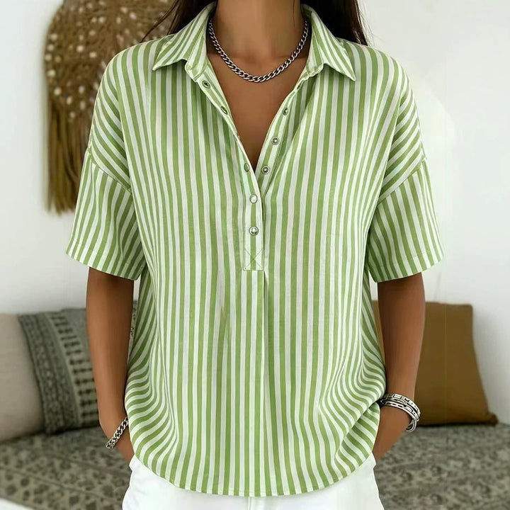 Solène | Women's Striped Collared Short Sleeve Blouse
