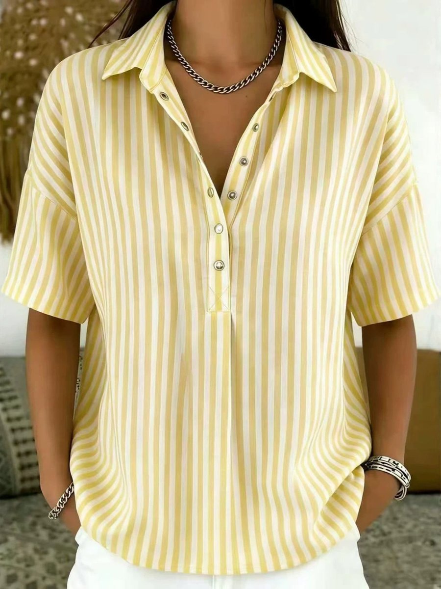 Solène | Women's Striped Collared Short Sleeve Blouse