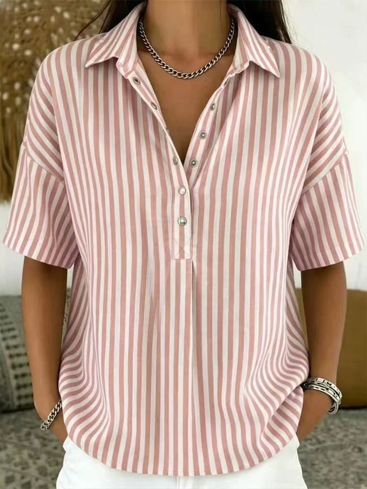 Solène | Women's Striped Collared Short Sleeve Blouse