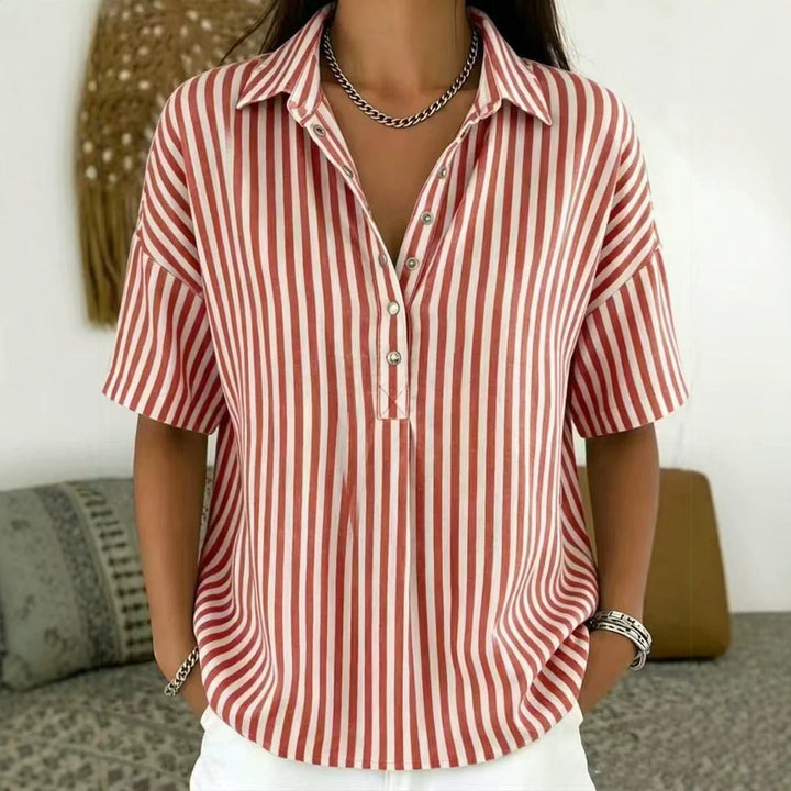 Solène | Women's Striped Collared Short Sleeve Blouse