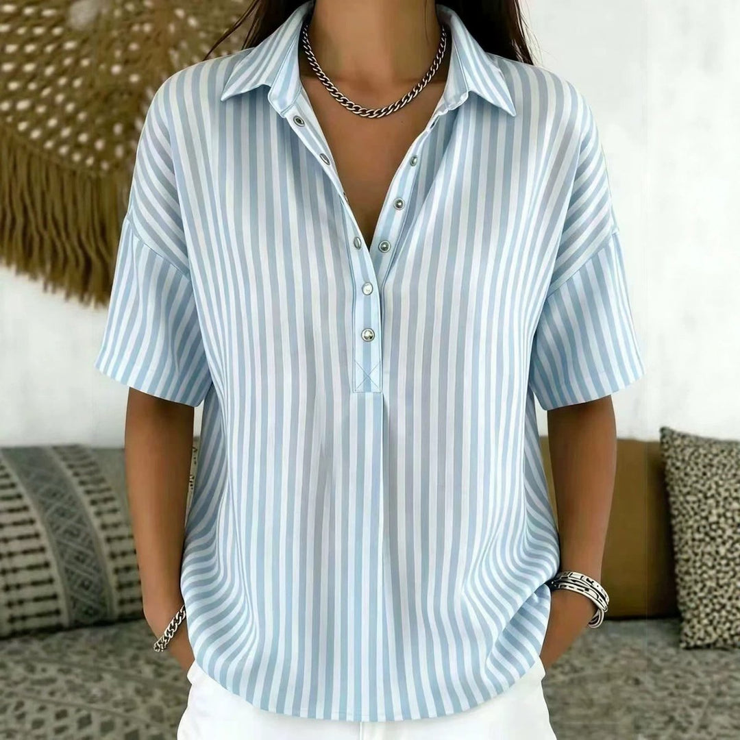 Solène | Women's Striped Collared Short Sleeve Blouse