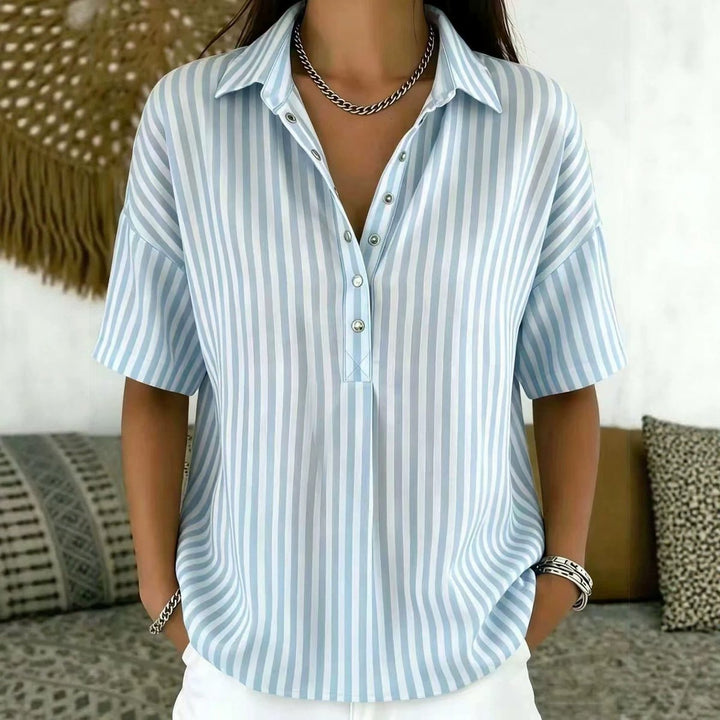 Solène | Women's Striped Collared Short Sleeve Blouse