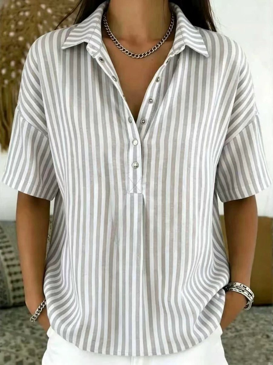 Solène | Women's Striped Collared Short Sleeve Blouse