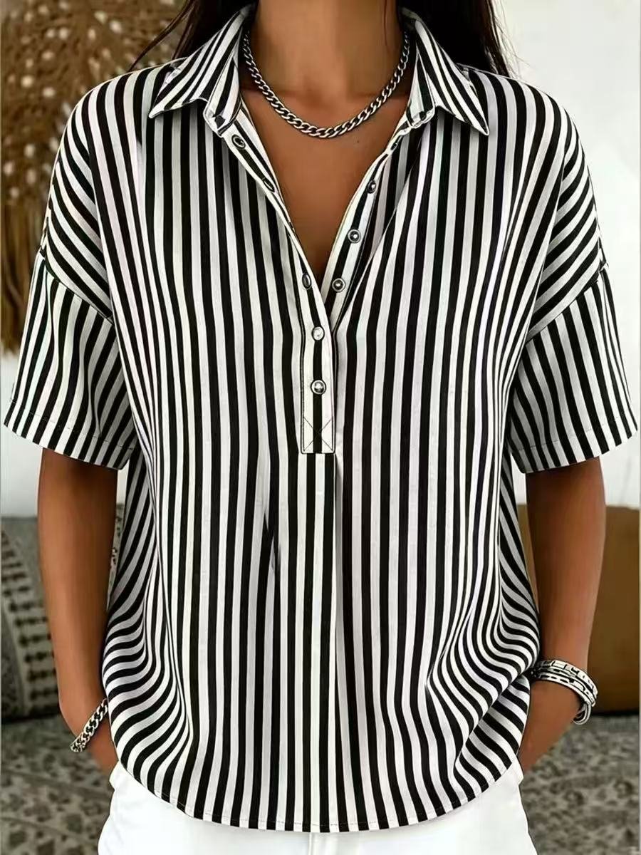Solène | Women's Striped Collared Short Sleeve Blouse