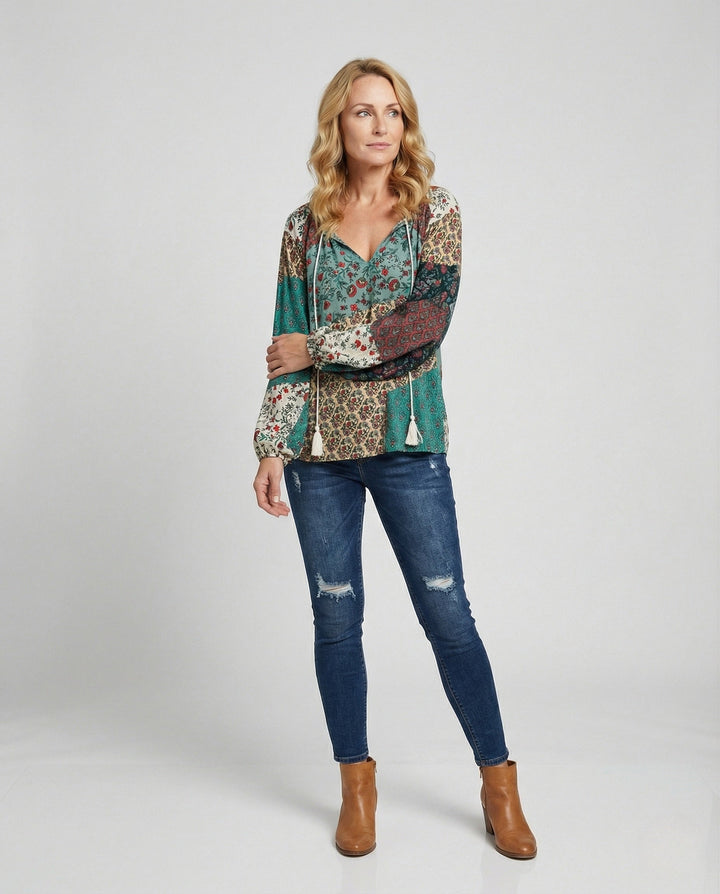 Tierney | Women's Boho Patchwork Long Sleeve Blouse