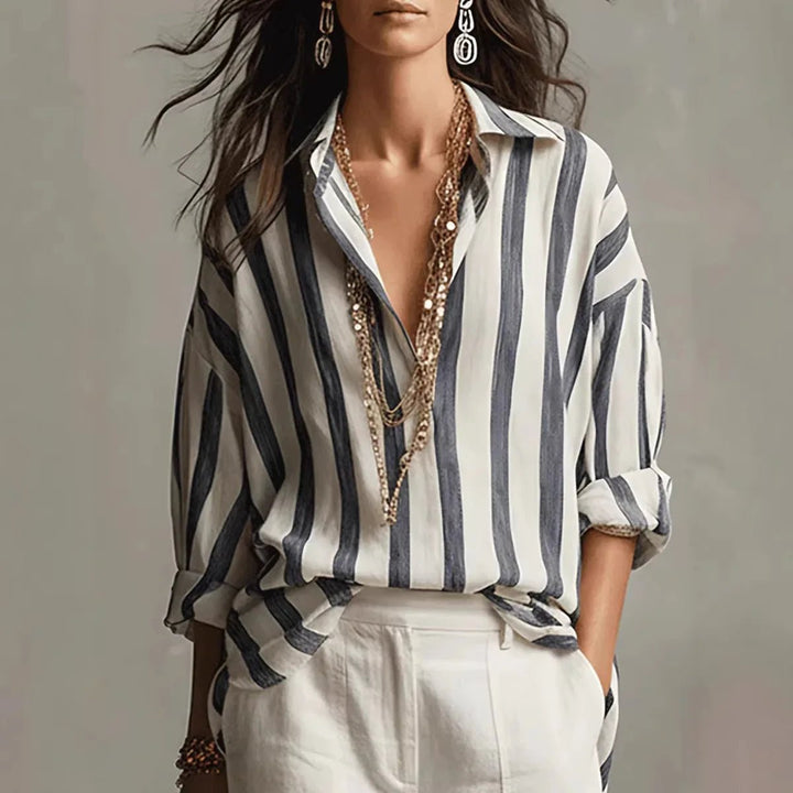 Veradis | Women's Striped Collared Long Sleeve Blouse