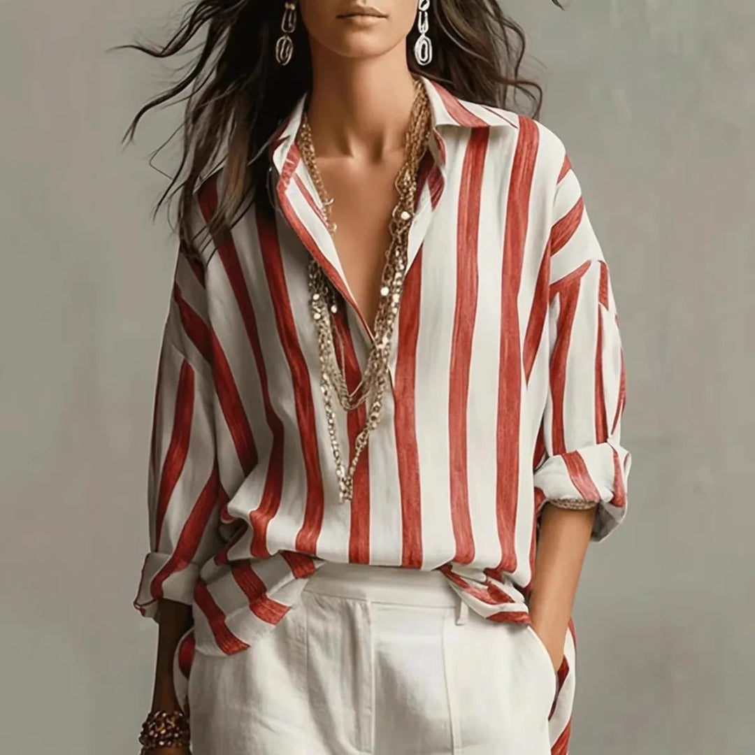 Veradis | Women's Striped Collared Long Sleeve Blouse