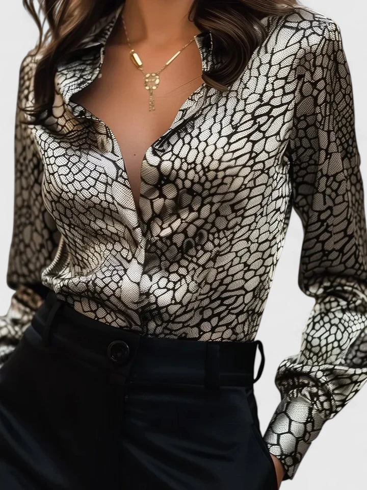 Zivonne | Women's Leopard Print Collared Long Sleeve Blouse