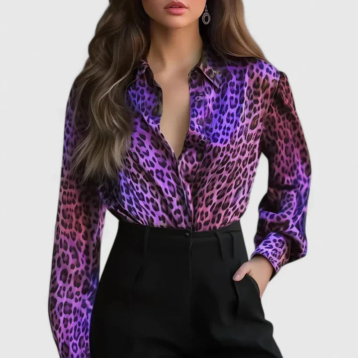 Zivonne | Women's Leopard Print Collared Long Sleeve Blouse